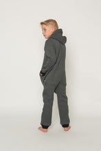 Load image into Gallery viewer, Sofa Killer dark grey unisex kids onesie with zipper in the back, model posing in a back view to showcase the hidden zipper design and overall stylish look.