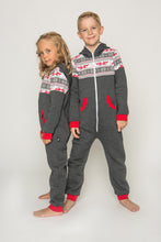 Load image into Gallery viewer, Sofa Killer dark grey unisex kids onesie Nordic displayed by two kids standing confidently, with red cuffs and a stylish design.