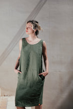 Load image into Gallery viewer, Women's dark green linen sleeveless dress Lola by SofaKiller, featuring side pockets and a minimalist look, perfect for summer styling.