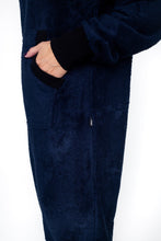 Load image into Gallery viewer, Close-up of the Sofa Killer dark blue bamboo frottee women onesie showing soft fabric and pocket detail, perfect for comfort and style.