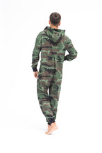Load image into Gallery viewer, Sofa Killer men onesie with camouflage pattern CAMO, shown from the back with the model wearing the hood, highlighting the full design and cozy appearance.