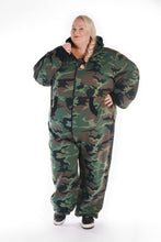 Load image into Gallery viewer, Sofa Killer women plus size adult onesie with camouflage pattern CAMO, featuring a stylish front pose showcasing its spacious design and black details.