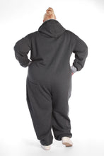 Load image into Gallery viewer, Sofa Killer dark grey plus size adult onesie with light grey cuffs, displayed from the back to show its relaxed design and roomy fit.