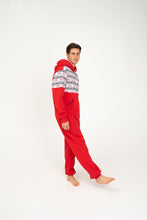 Load image into Gallery viewer, Full body view of a model wearing a Sofa Killer red onesie with Nordic applications, standing confidently to highlight the casual yet stylish fit.