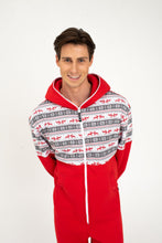 Load image into Gallery viewer, Sofa Killer red onesie with Nordic applications, model smiling while wearing the cozy outfit with a festive design, perfect for winter and Christmas gatherings.