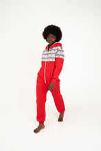 Load image into Gallery viewer, Model wearing a Sofa Killer red onesie with Nordic applications, showcasing a cozy and stylish outfit perfect for winter evenings or Christmas gatherings.