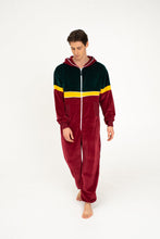 Load image into Gallery viewer, Sofa Killer men velour onesie California in bordo, green and yellow color on a model walking barefoot.
