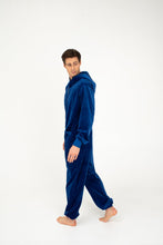 Load image into Gallery viewer, Sofa Killer men royal blue velour onesie Nevada displayed from the side, showcasing a comfortable and stylish fit.