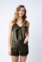 Load image into Gallery viewer, Khaki silk top and shorts pajama set with lace