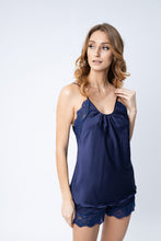 Load image into Gallery viewer, Navy / dark blue silk top and shorts pajama set with lace