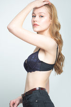 Load image into Gallery viewer, Push-up black bra with violet / purple lace decoration