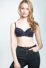 Load image into Gallery viewer, Push-up black bra with violet / purple lace decoration