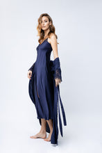 Load image into Gallery viewer, Women silk 2 pieces set long nightgown and silk robe with lace