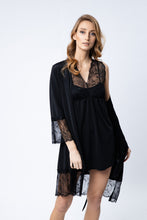 Load image into Gallery viewer, Pajama set black robe and short night dress
