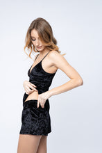 Load image into Gallery viewer, Velour cotton black top and shorts pajama set with lace
