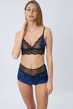 Load image into Gallery viewer, Velour cotton lingerie navy / dark blue set with lace shorts and bra