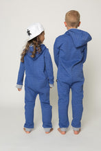 Load image into Gallery viewer, Back view of kids in Sofa Killer jeans color unisex kids onesies, showing the hoods and grey accents, perfect for a family matching outfit.
