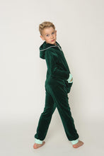 Load image into Gallery viewer, Sofa Killer emerald green unisex kids velours onesie featuring mint color cuffs, worn by a child posing stylishly.
