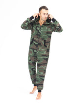 Load image into Gallery viewer, Sofa Killer men onesie with camouflage pattern CAMO, captured from the front as the model adjusts the hood, demonstrating its trendy camouflage style.
