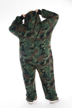 Load image into Gallery viewer, Back view of Sofa Killer women plus size adult onesie with camouflage pattern CAMO, demonstrating the hooded design and relaxed silhouette.
