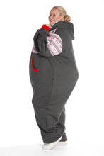 Load image into Gallery viewer, Side view of the Sofa Killer dark grey plus size adult onesie with Nordic patterns, showcasing the hood and pockets. Ideal for warm and casual winter nights.
