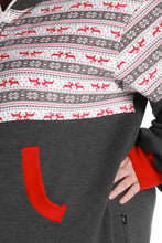 Load image into Gallery viewer, Close-up of the Nordic pattern on the Sofa Killer dark grey plus size adult onesie, highlighting the vibrant red accents and soft fabric. Perfect for snuggling up.
