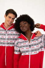 Load image into Gallery viewer, Sofa Killer red onesie with Nordic applications, featuring two cheerful models, showcasing the onesie's warmth and playful style, ideal for casual wear.
