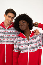 Load image into Gallery viewer, Couple wearing Sofa Killer red onesies with Nordic applications, smiling together and showcasing the trendy holiday look and comfortable fit.

