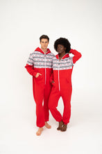 Load image into Gallery viewer, Sofa Killer red onesie with Nordic applications worn by a male and female model, showcasing its vibrant color and cozy design.
