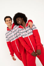 Load image into Gallery viewer, Close-up of two models wearing the Sofa Killer red onesie with Nordic applications, highlighting the vibrant design and cozy fit for men.
