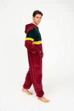 Load image into Gallery viewer, Sofa Killer men velour onesie California in bordo color with green and yellow stripes on a model standing sideways.
