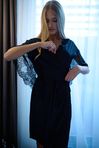 Silk black dressing-gown / robe decorated with lace