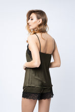 Load image into Gallery viewer, Khaki silk top and shorts pajama set with lace
