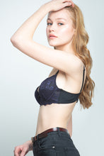 Load image into Gallery viewer, Push-up black bra with violet / purple lace decoration
