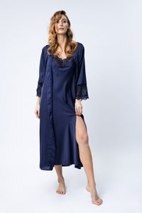 Women silk 2 pieces set long nightgown and silk robe with lace