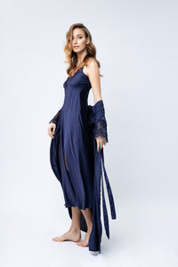 Women silk 2 pieces set long nightgown and silk robe with lace