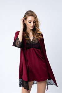 Pajama set burgundy robe and short night dress