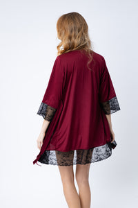 Pajama set burgundy robe and short night dress