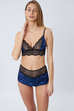 Load image into Gallery viewer, Velour cotton lingerie navy / dark blue set with lace shorts and bra
