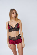 Load image into Gallery viewer, Velour cotton lingerie bordo set with lace shorts and bra

